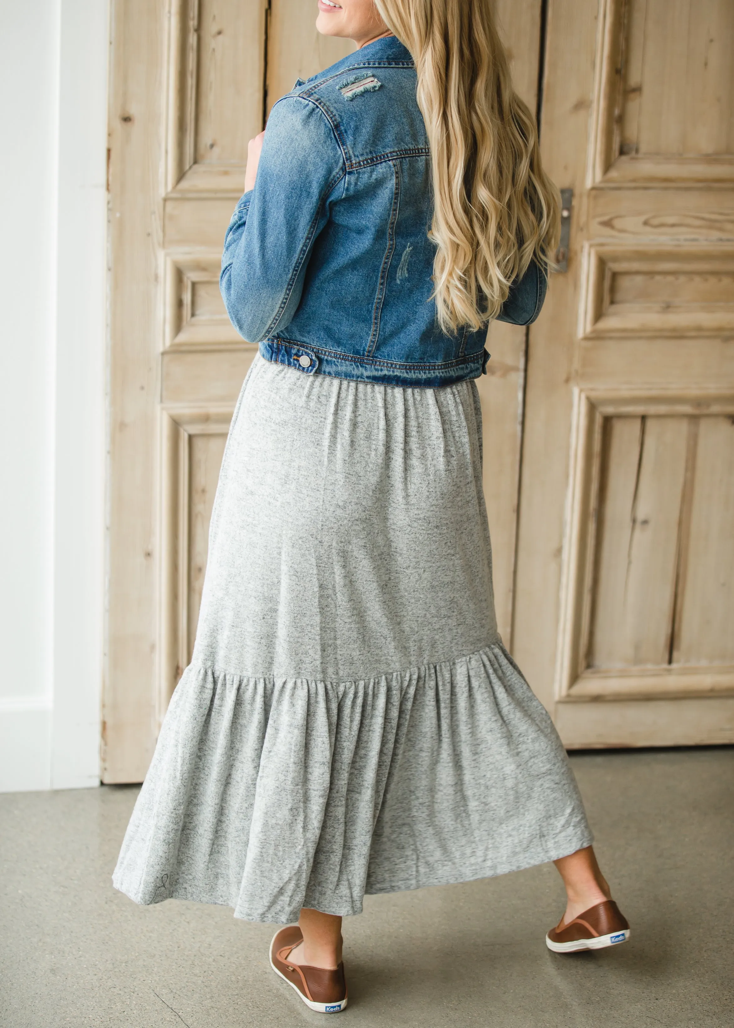 Gray Cozy Knit Tiered Midi Skirt