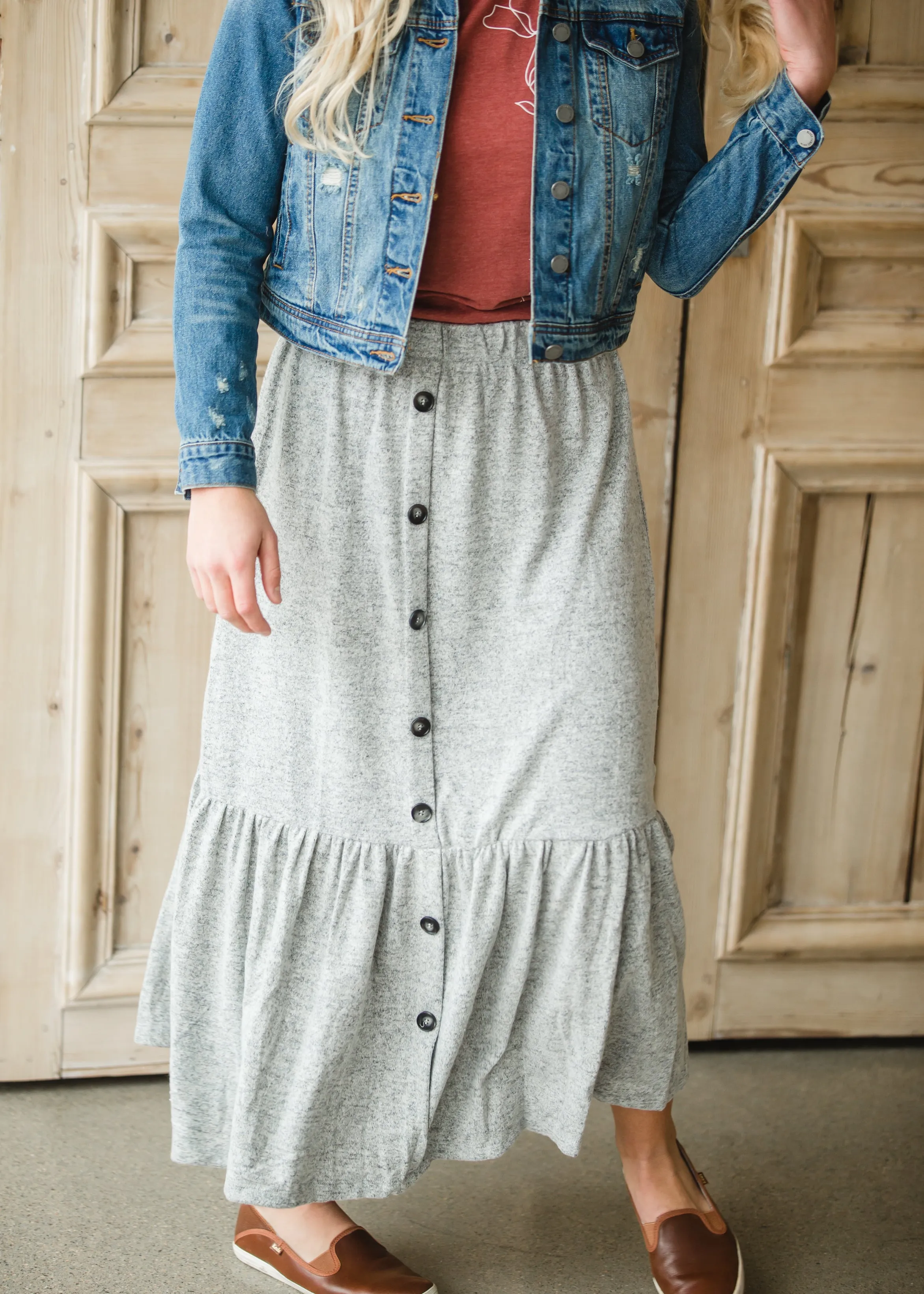 Gray Cozy Knit Tiered Midi Skirt