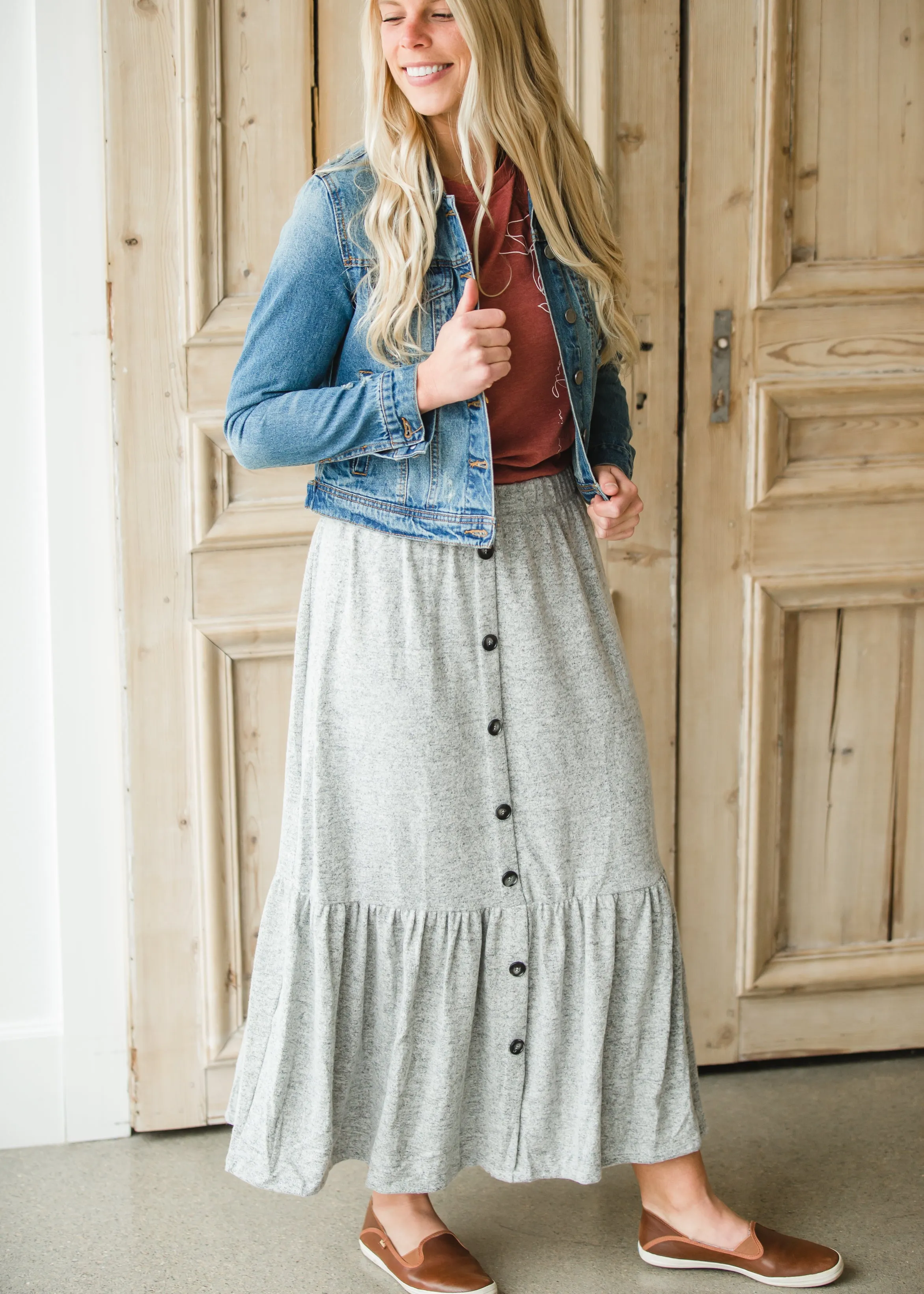 Gray Cozy Knit Tiered Midi Skirt