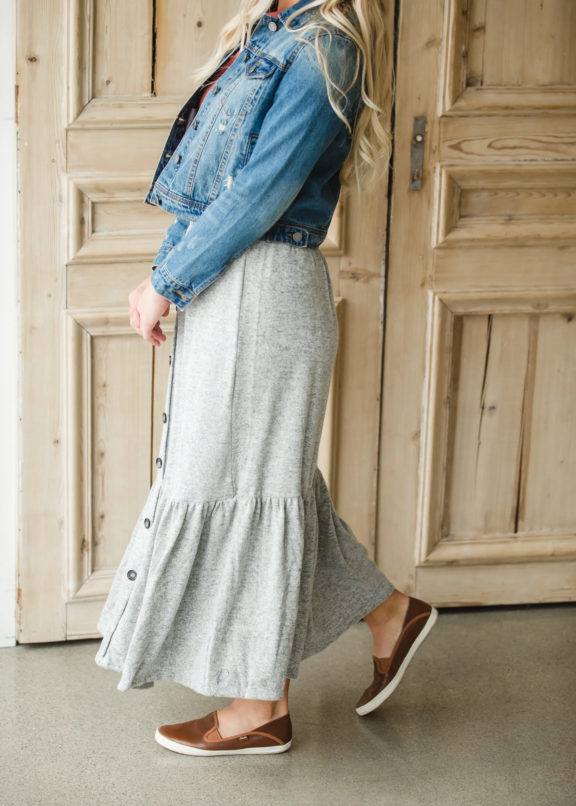 Gray Cozy Knit Tiered Midi Skirt