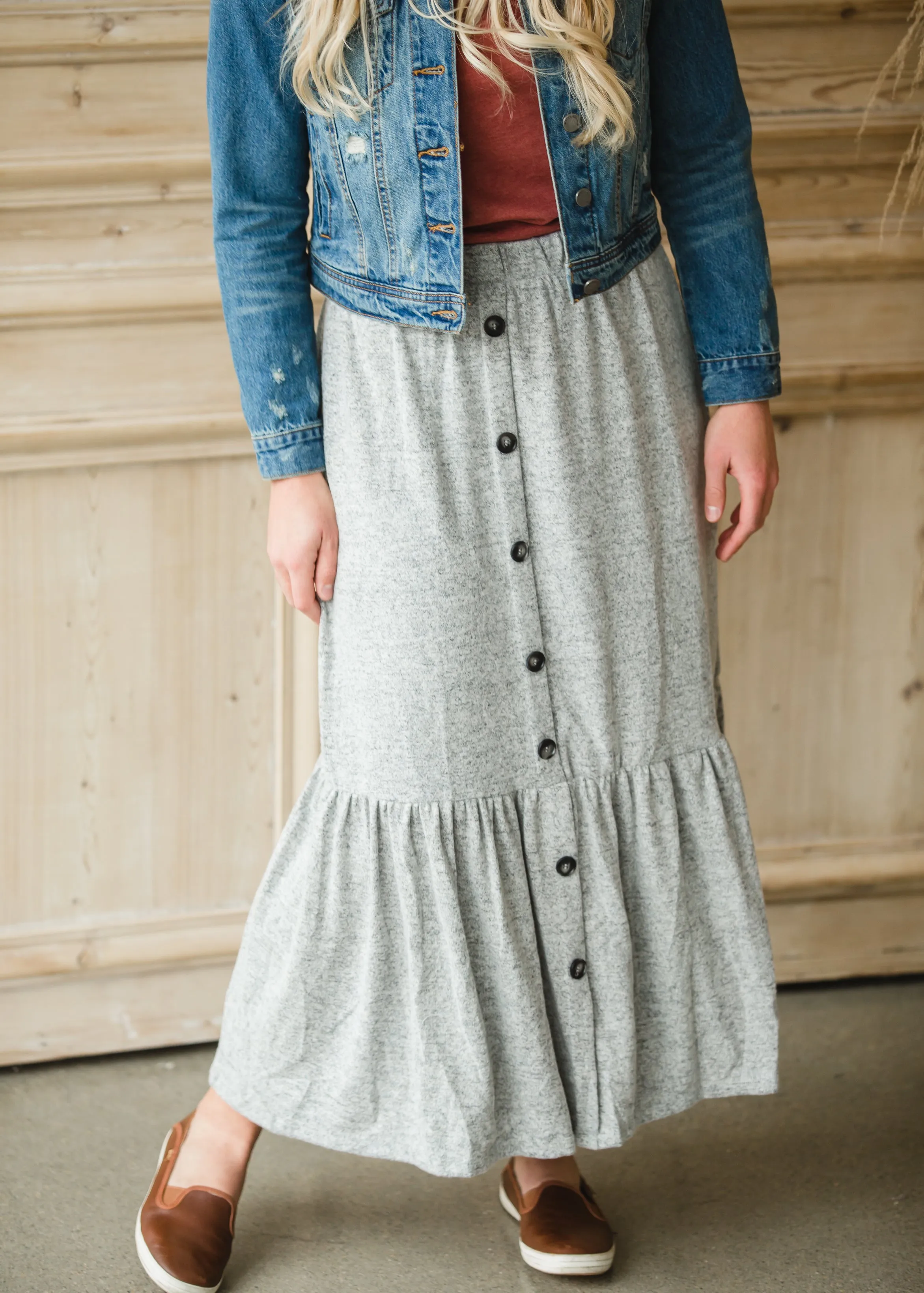 Gray Cozy Knit Tiered Midi Skirt