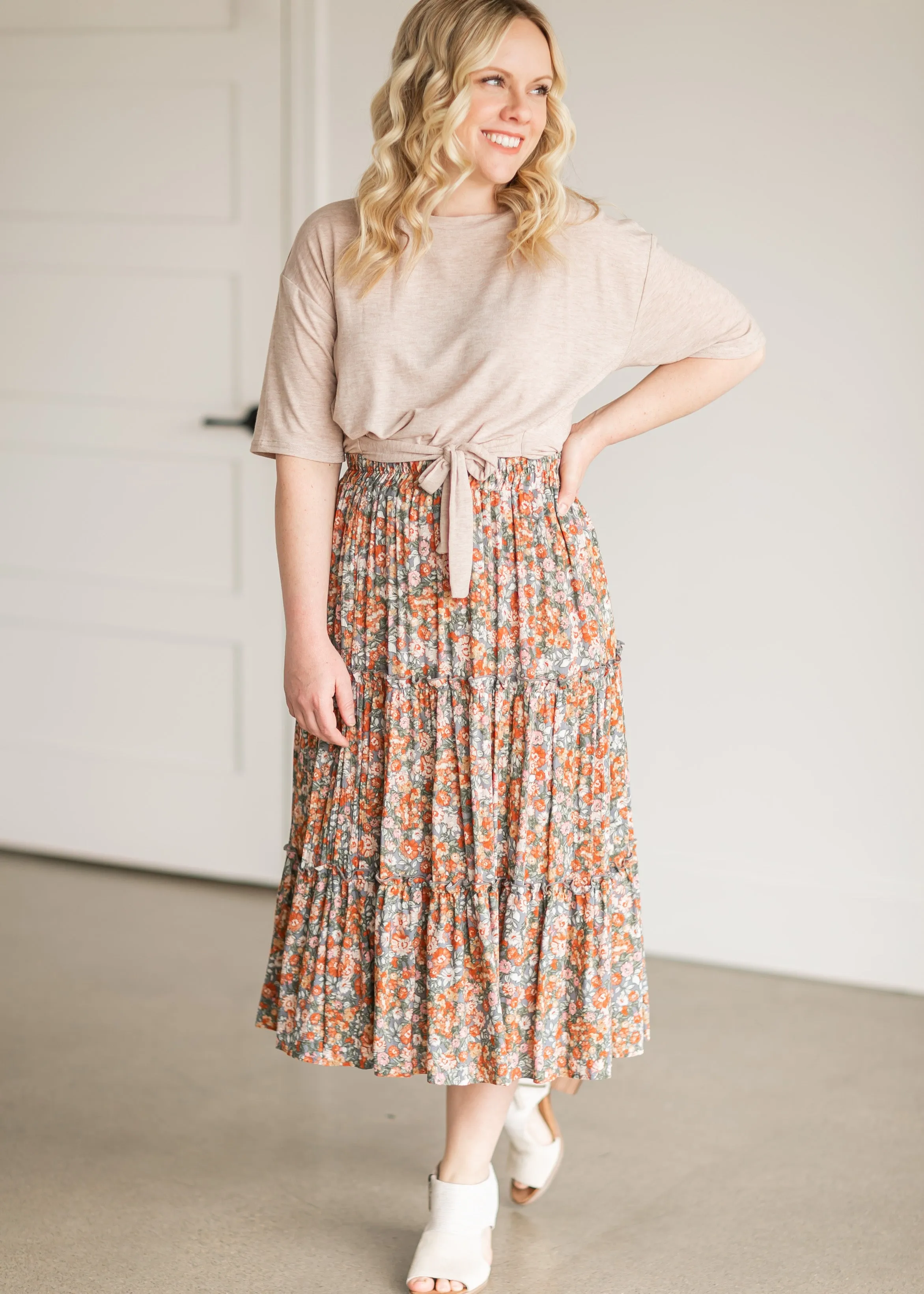 Gray Pull On Floral Tiered Midi Skirt-FINAL SALE