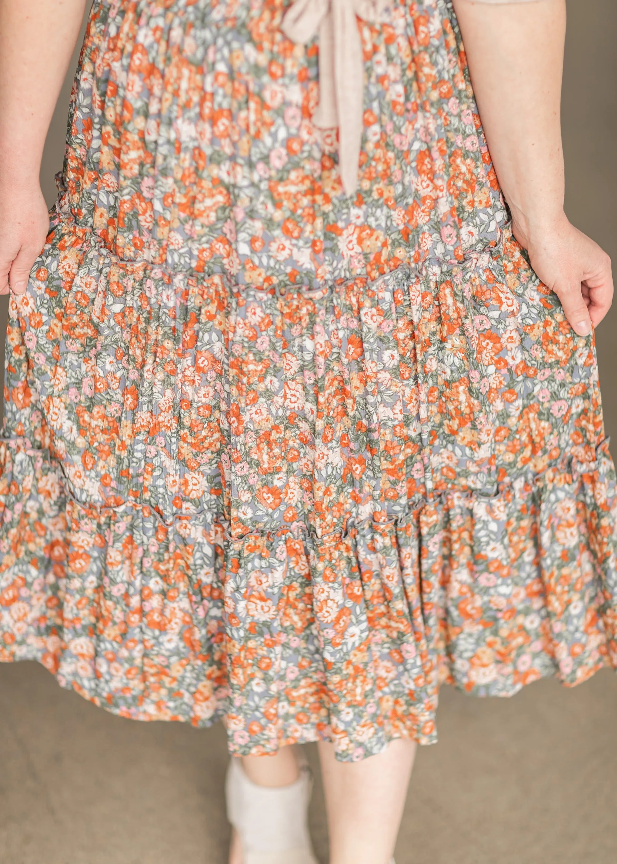 Gray Pull On Floral Tiered Midi Skirt-FINAL SALE