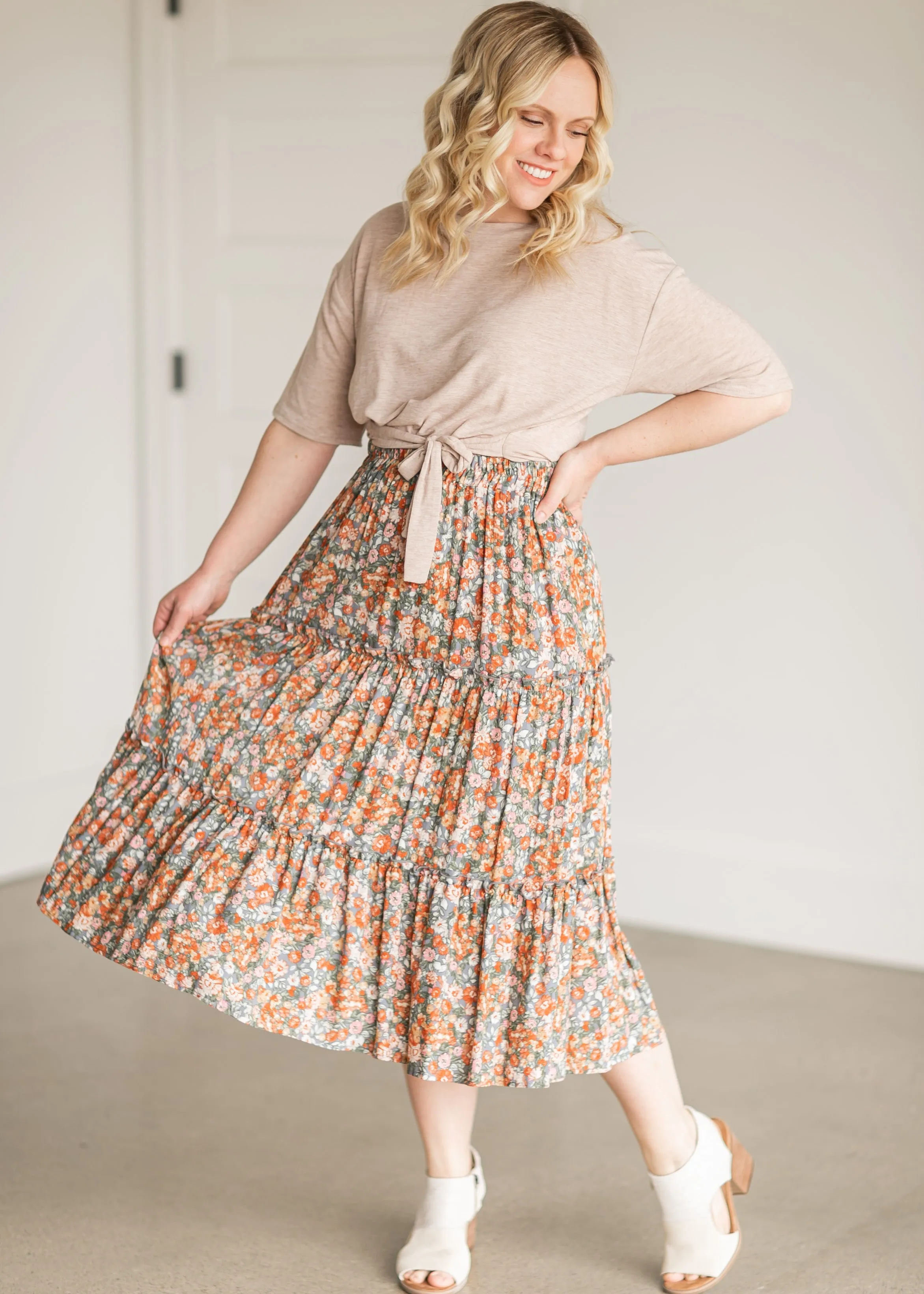 Gray Pull On Floral Tiered Midi Skirt-FINAL SALE