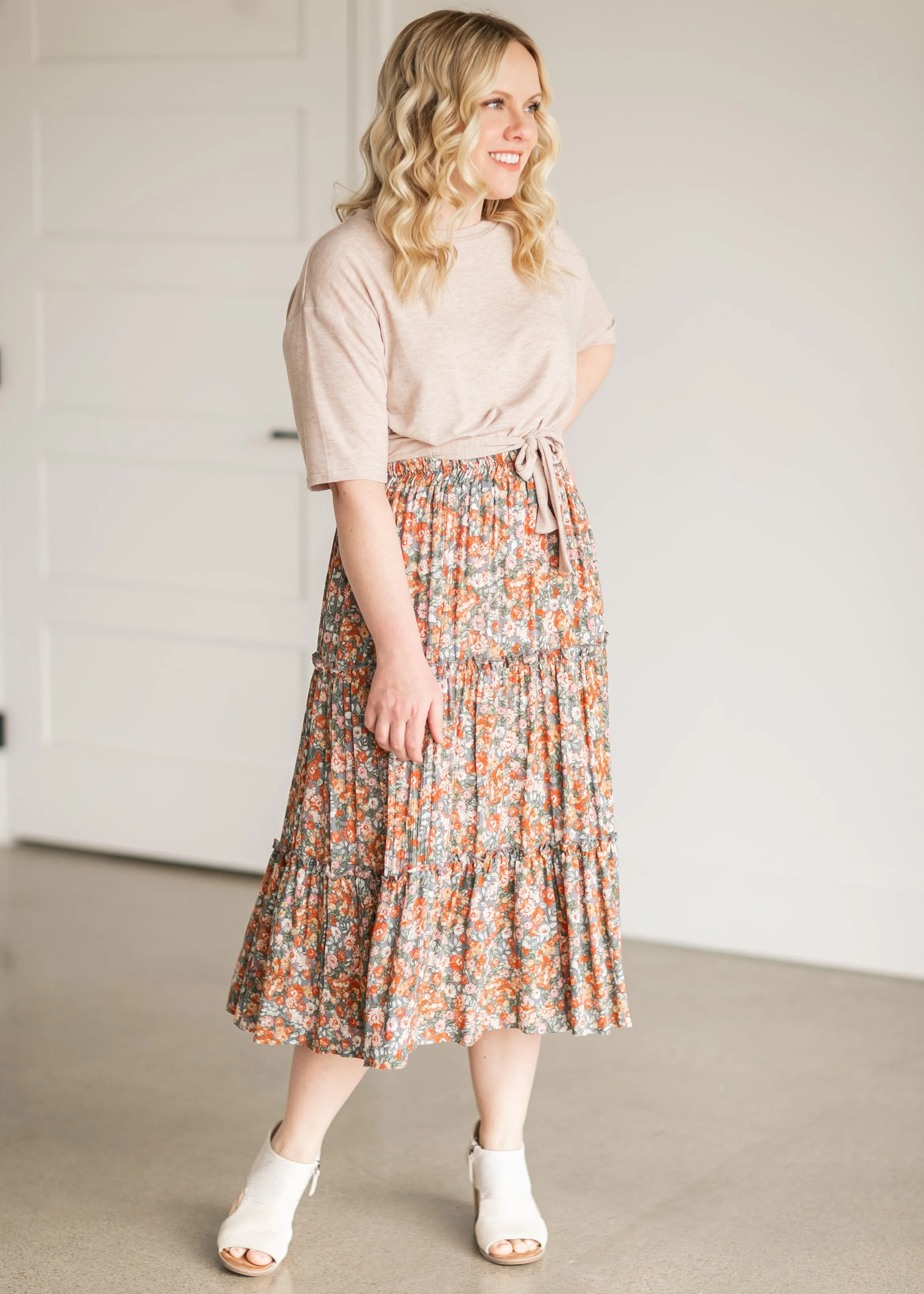 Gray Pull On Floral Tiered Midi Skirt-FINAL SALE