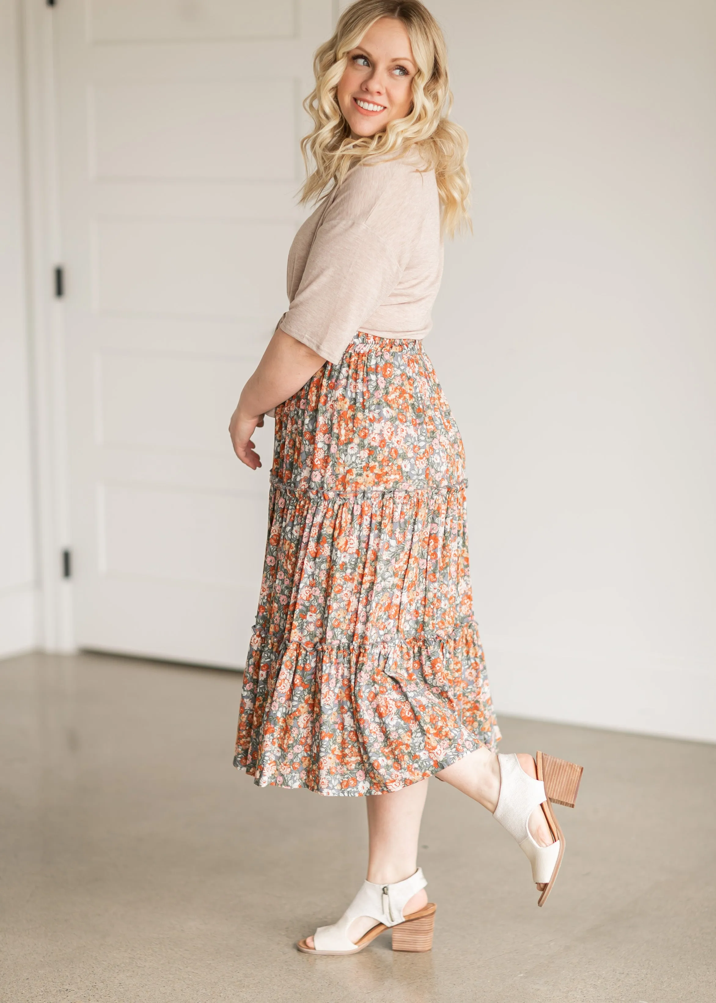 Gray Pull On Floral Tiered Midi Skirt-FINAL SALE