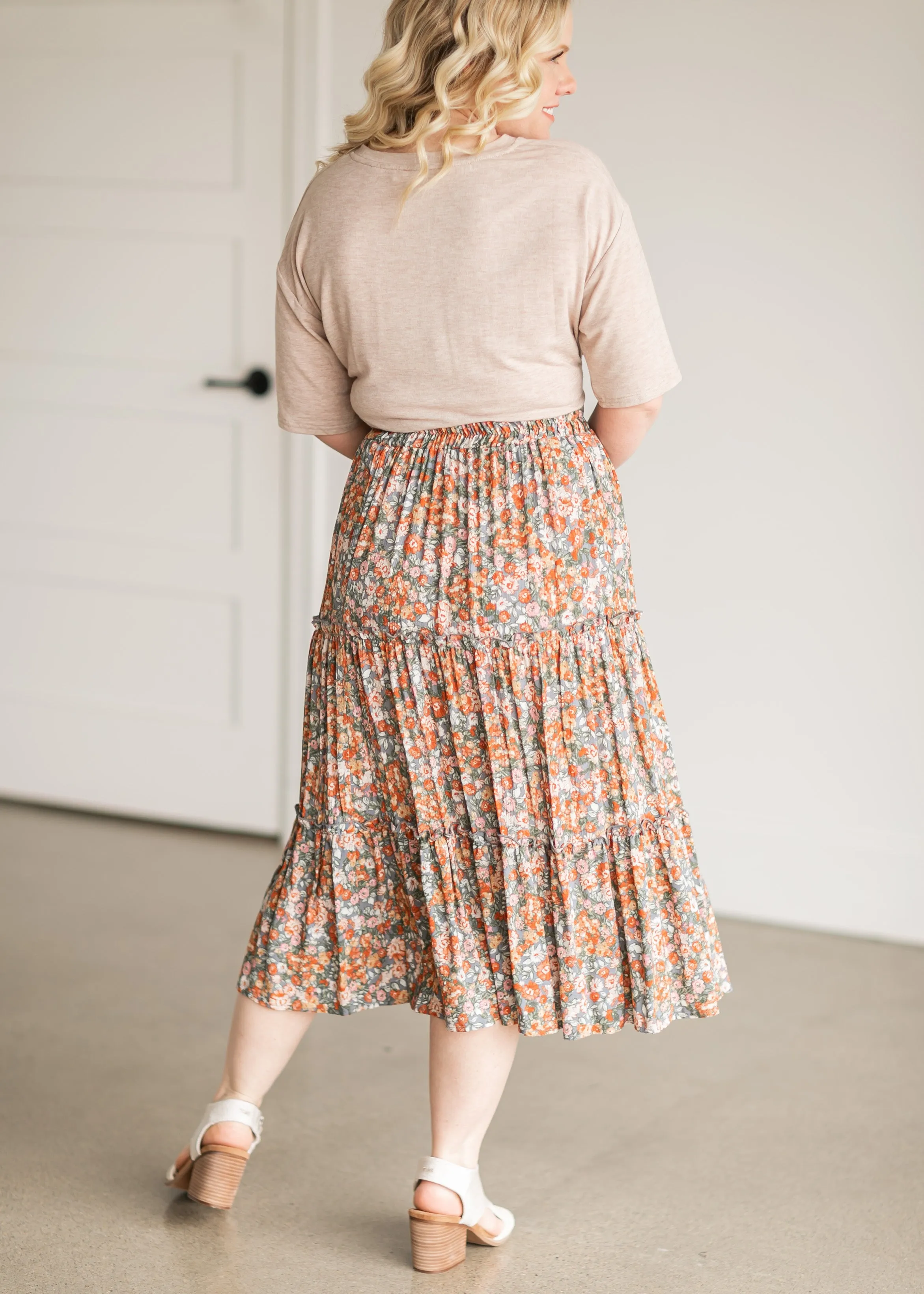 Gray Pull On Floral Tiered Midi Skirt-FINAL SALE