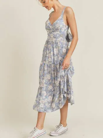 Lush - Floral Print Tie Back Tiered Midi Dress