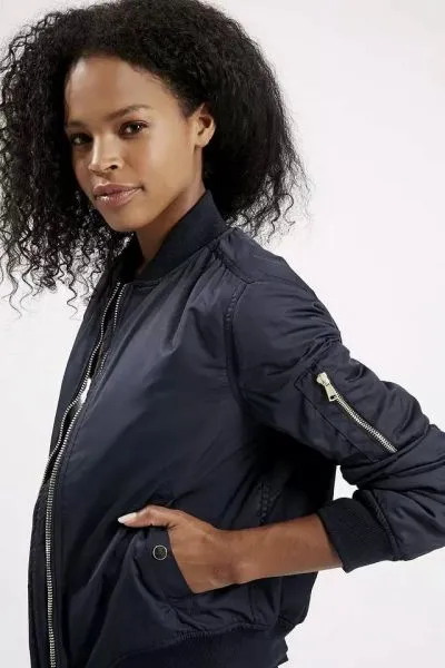 MA1 women's bomber jacket with zipped pocket on sleeve