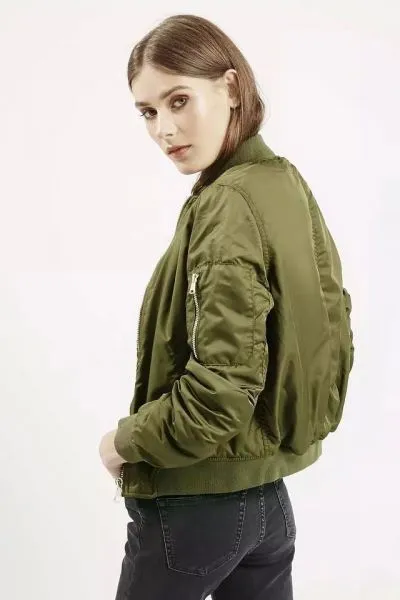 MA1 women's bomber jacket with zipped pocket on sleeve