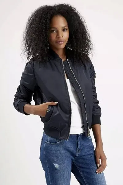 MA1 women's bomber jacket with zipped pocket on sleeve