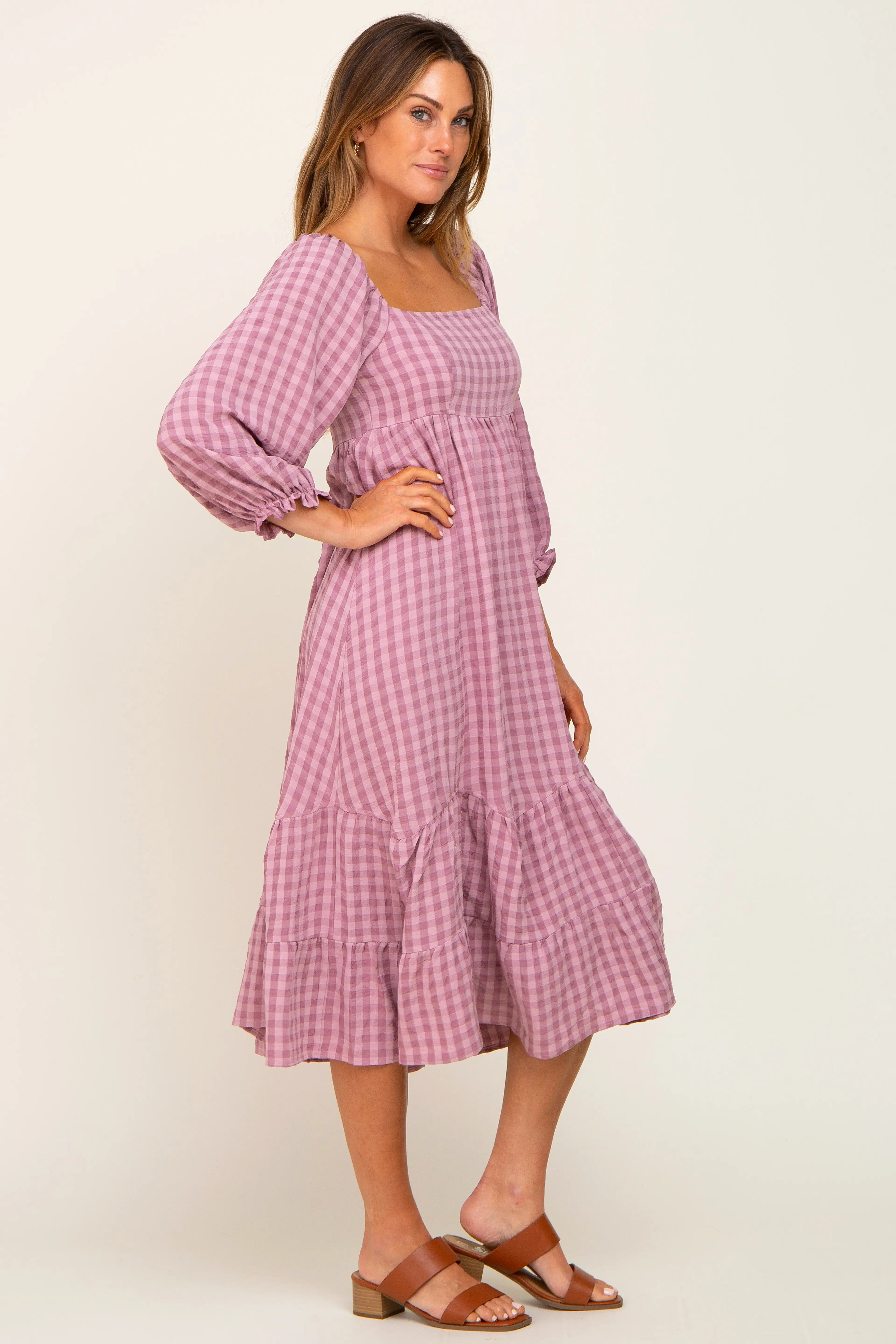 Mauve Striped 3/4 Cinched Sleeve Tiered Midi Dress