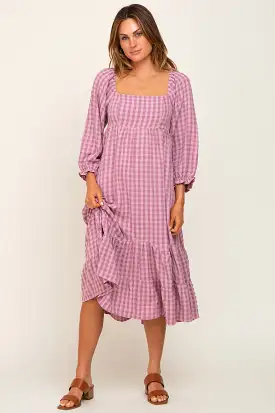 Mauve Striped 3/4 Cinched Sleeve Tiered Midi Dress