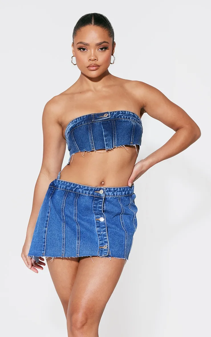 Mid Blue Wash Extreme Cropped Denim Bandeau Top