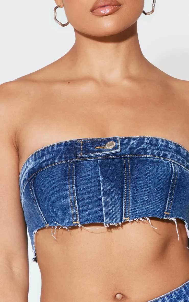 Mid Blue Wash Extreme Cropped Denim Bandeau Top