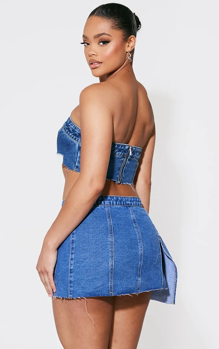 Mid Blue Wash Extreme Cropped Denim Bandeau Top