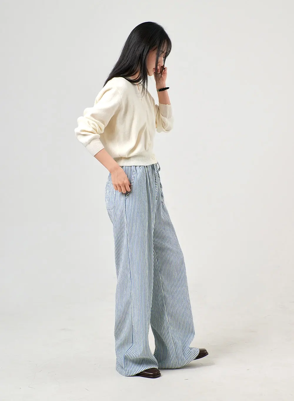 Mid Waist Striped Wide Leg Trousers OF406