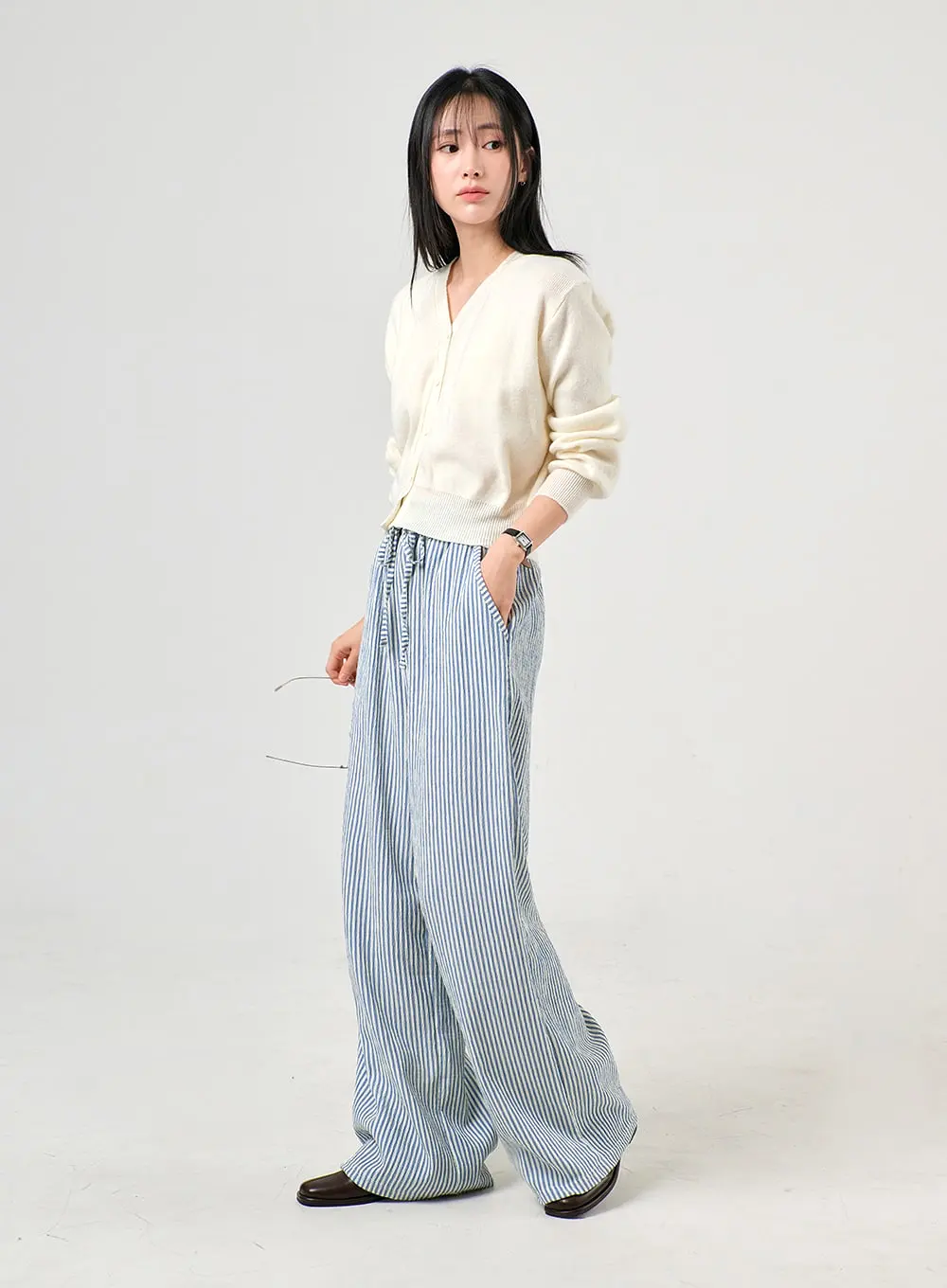 Mid Waist Striped Wide Leg Trousers OF406