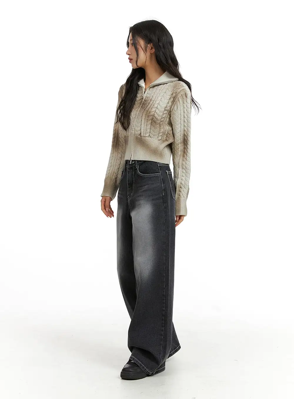 Mid Waist Washed Button Wide Leg Jeans CJ409