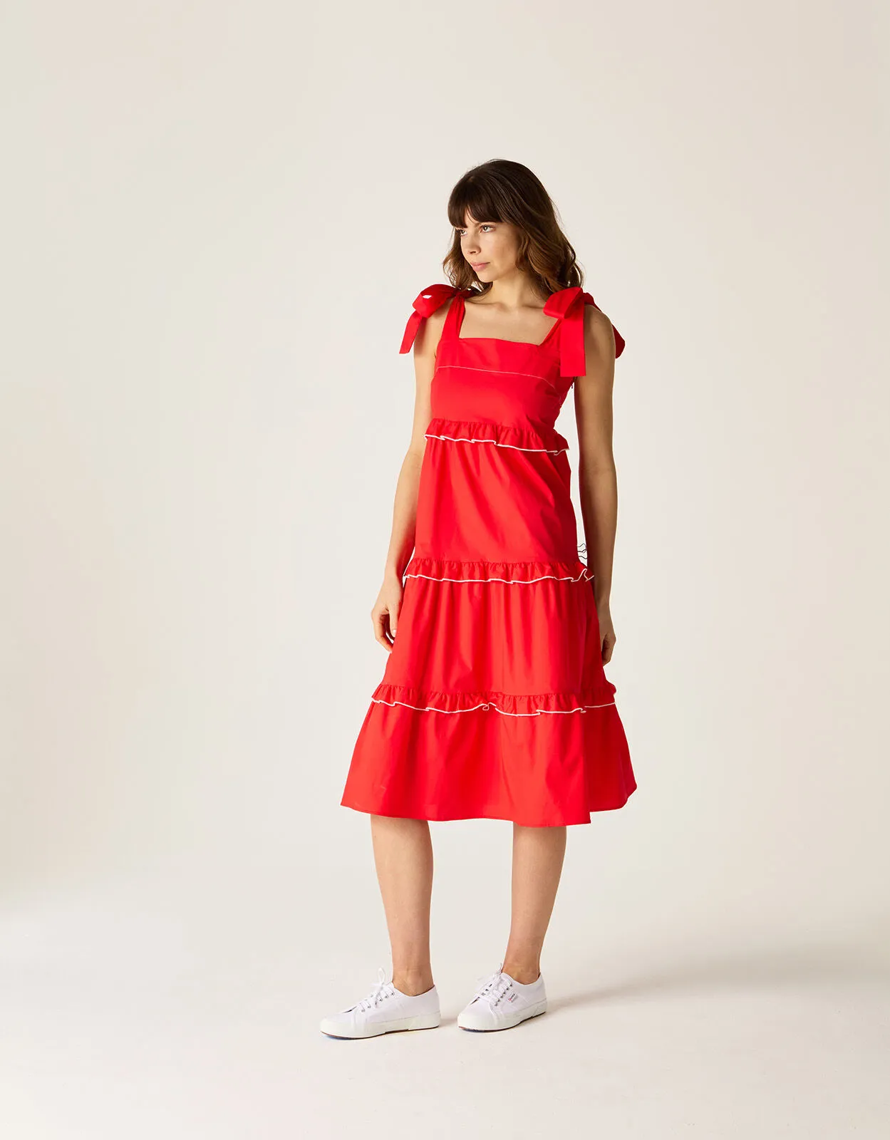 Mirla Beane Tiered Midi Dress Red