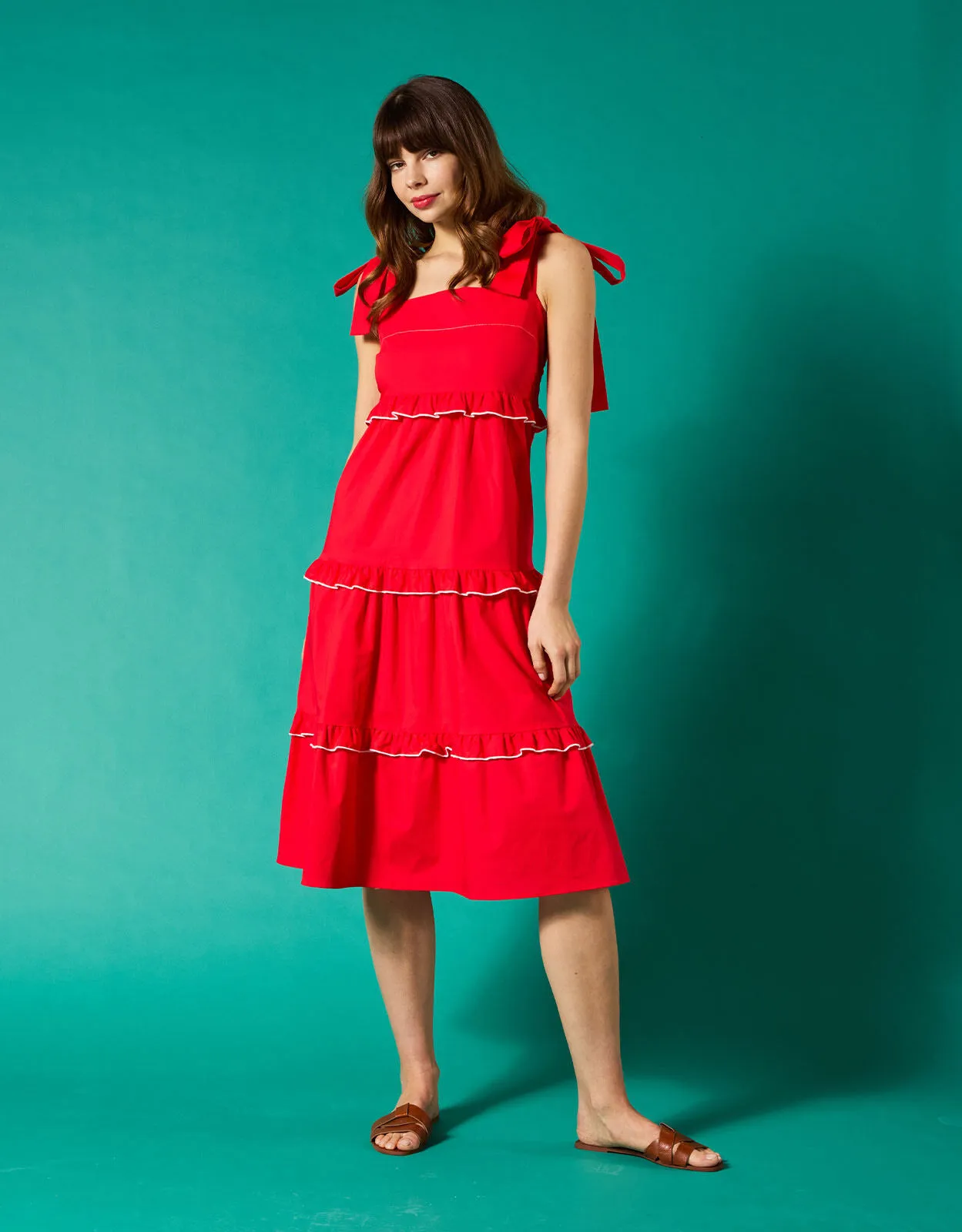 Mirla Beane Tiered Midi Dress Red