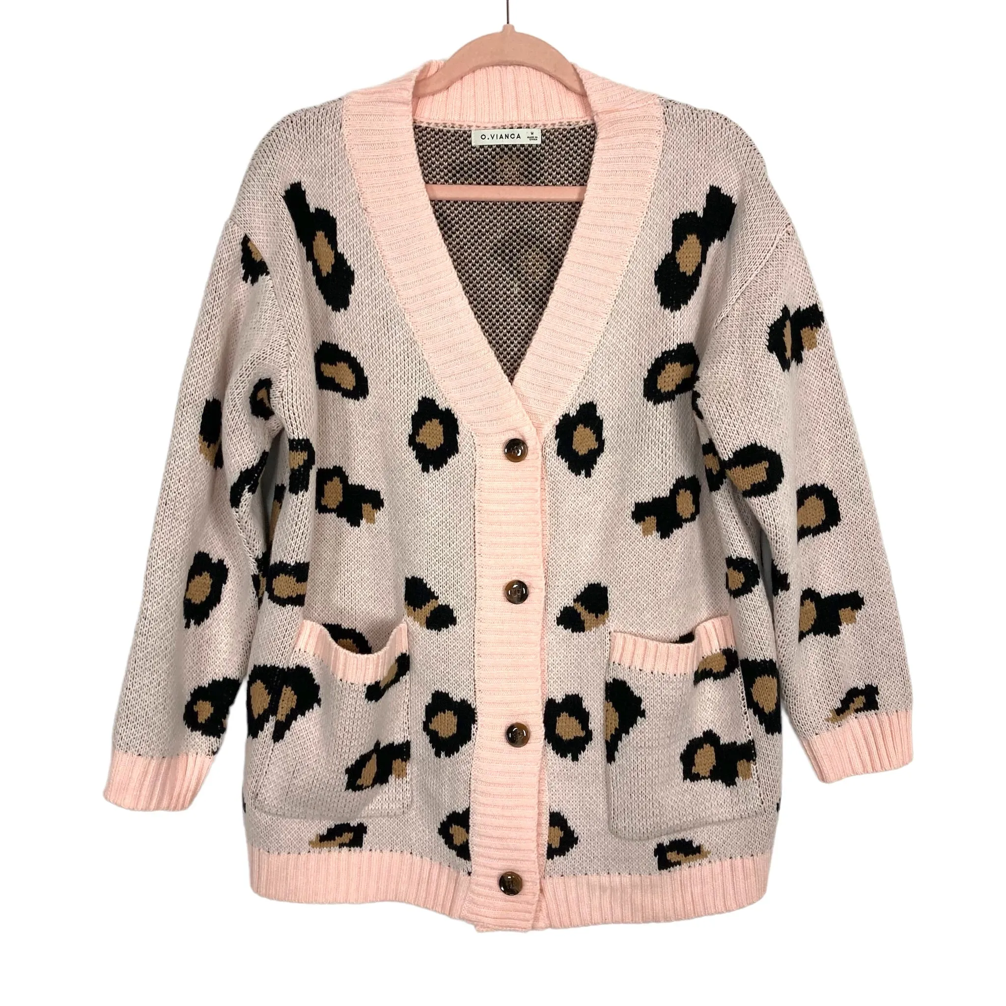 O. Vianca Light Pink Animal Print Button Front Sweater Cardigan- Size M