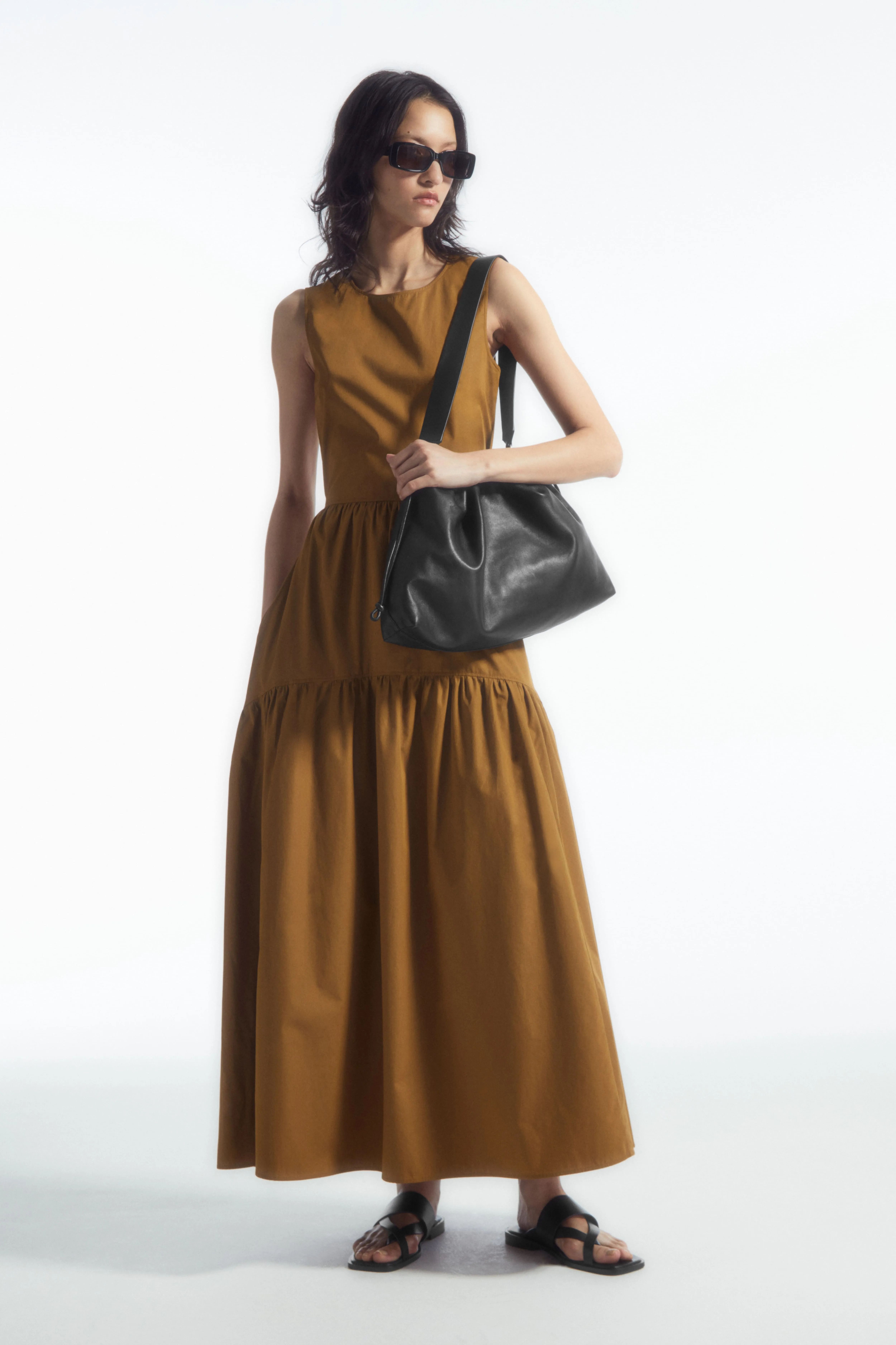 OPEN-BACK TIERED MIDI DRESS - Round neck - Sleeveless - OCHRE - Ladies | H&M GB