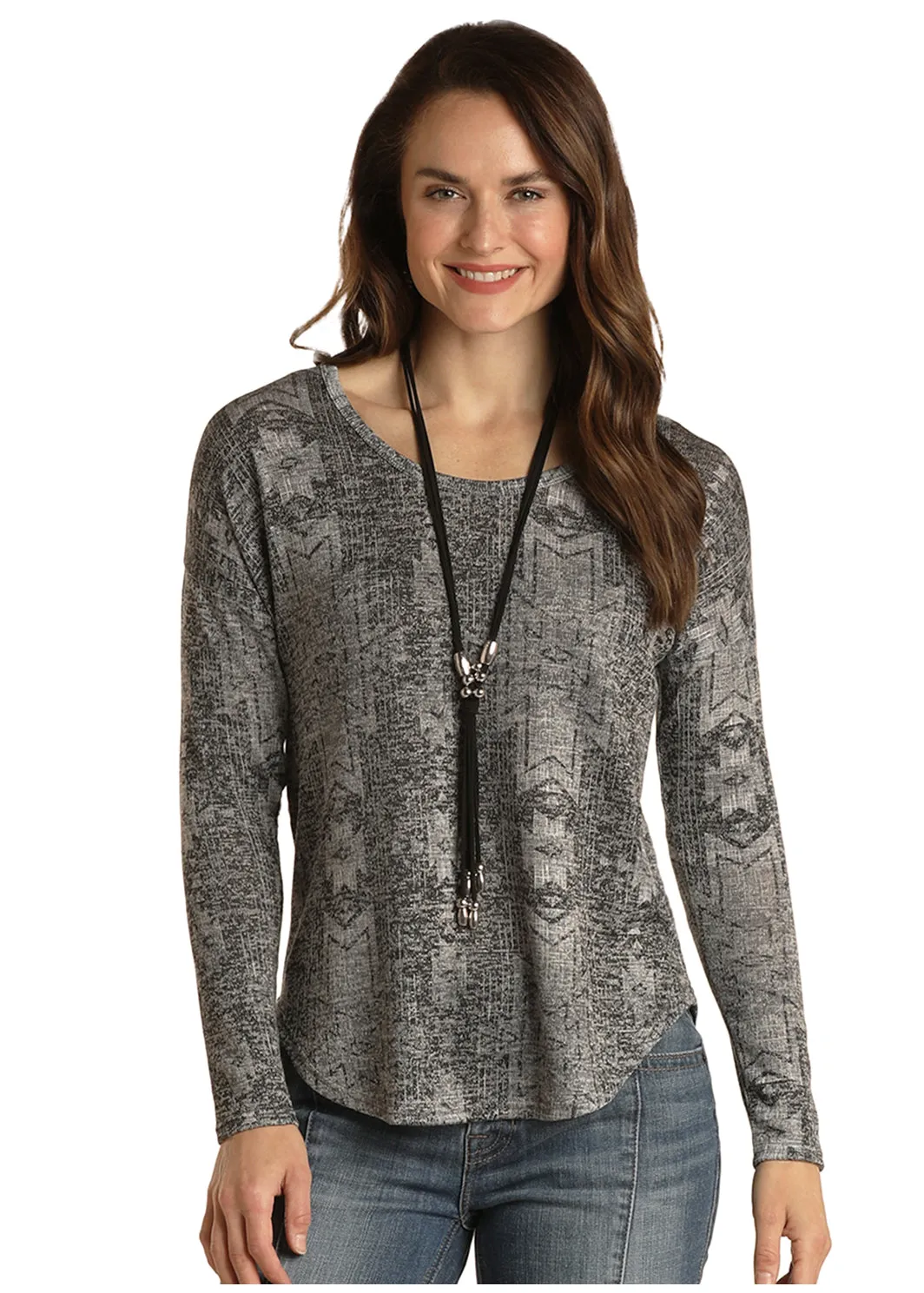 Panhandle Slim Women's Grey Southwest Print Long Sleeve Sweater Top