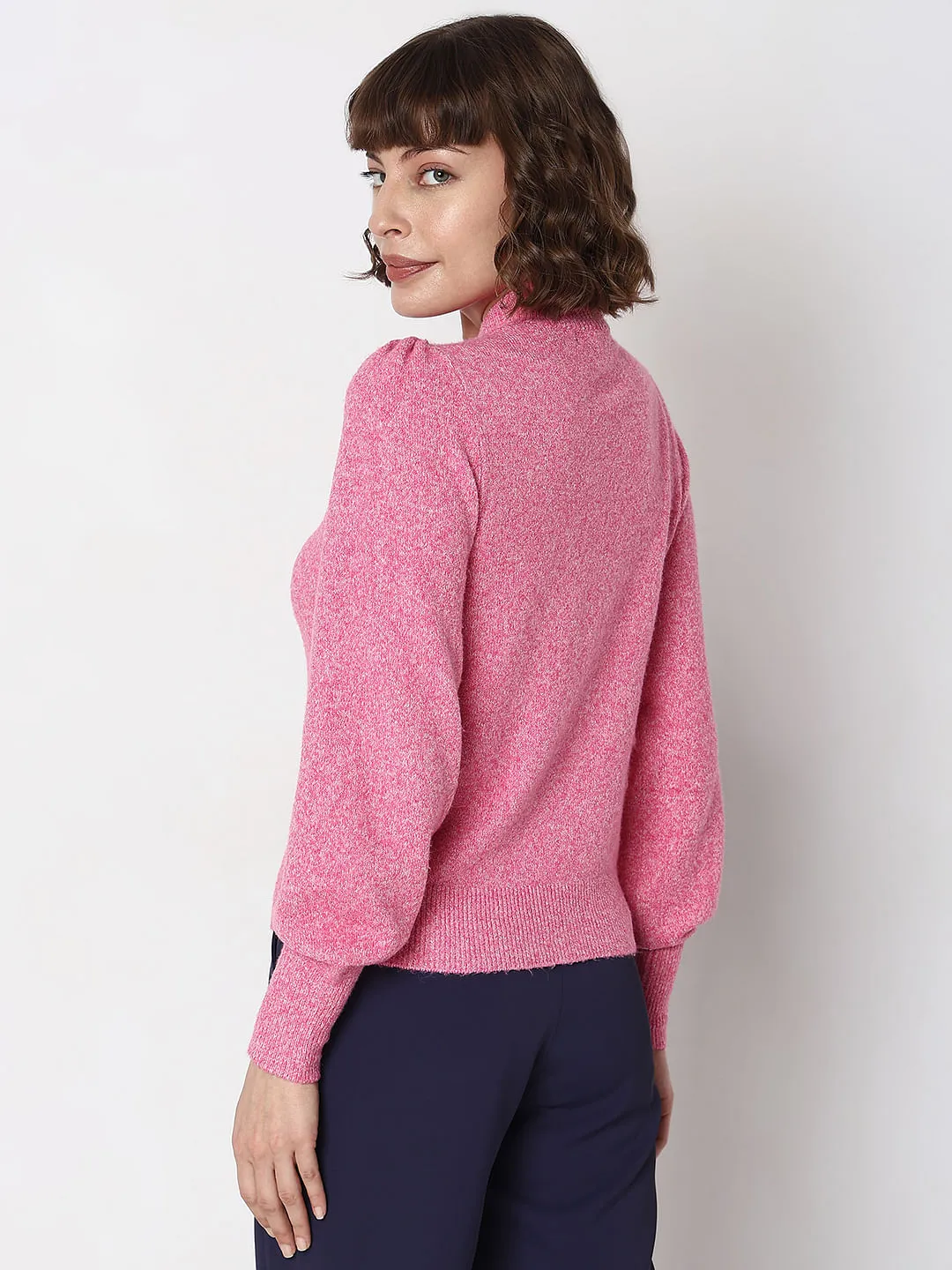 Pink High Neck Melange Yarn Pullover