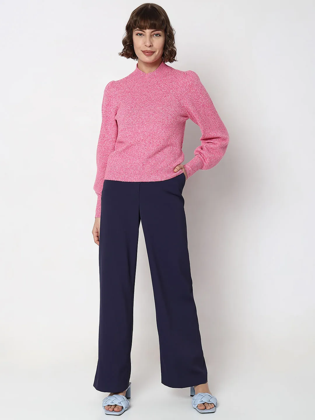 Pink High Neck Melange Yarn Pullover