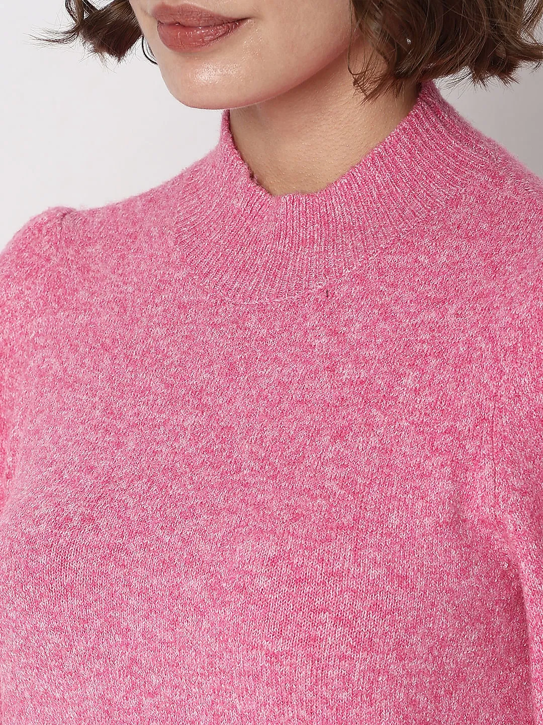 Pink High Neck Melange Yarn Pullover