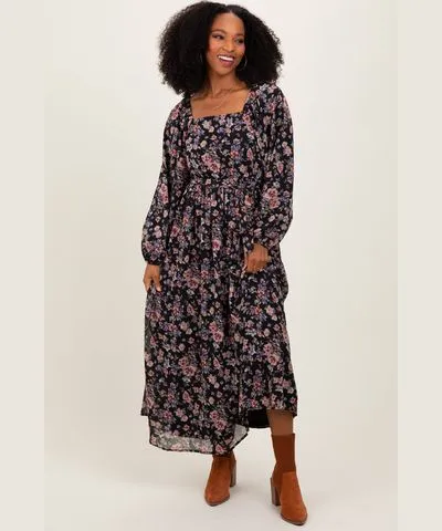 PinkBlush Black Floral Square Neck Front Tie Midi Dress