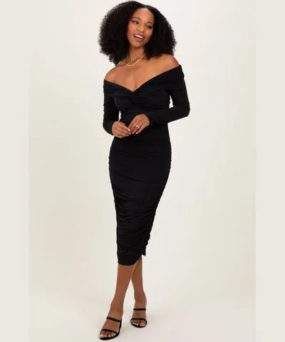 PinkBlush Black Off Shoulder Ruched Long Sleeve Midi Dress