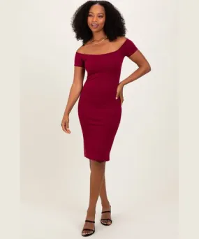 PinkBlush Burgundy Off Shoulder Fitted Midi Dress