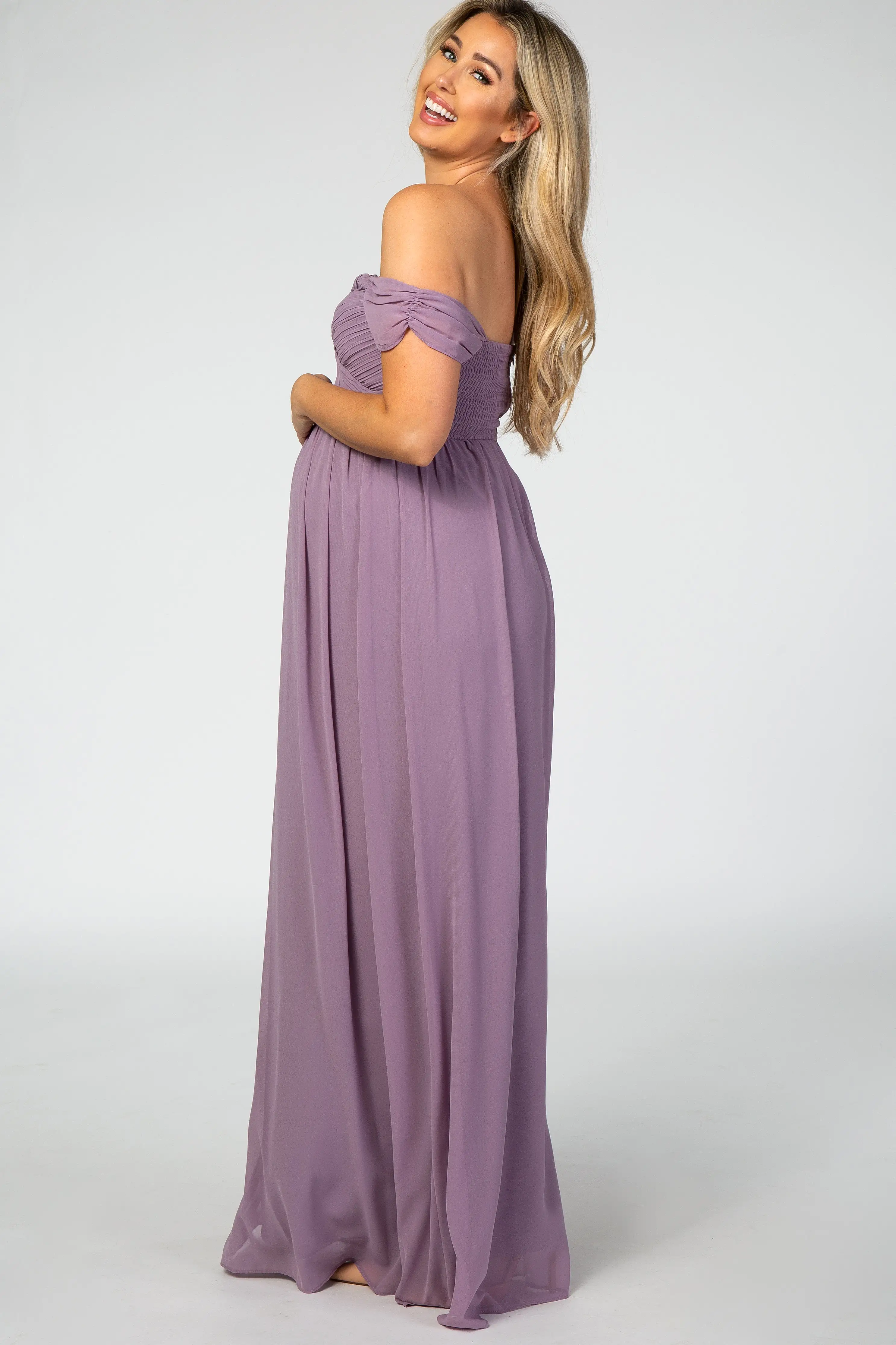 PinkBlush Lavender Off Shoulder Chiffon Maxi Maternity Dress