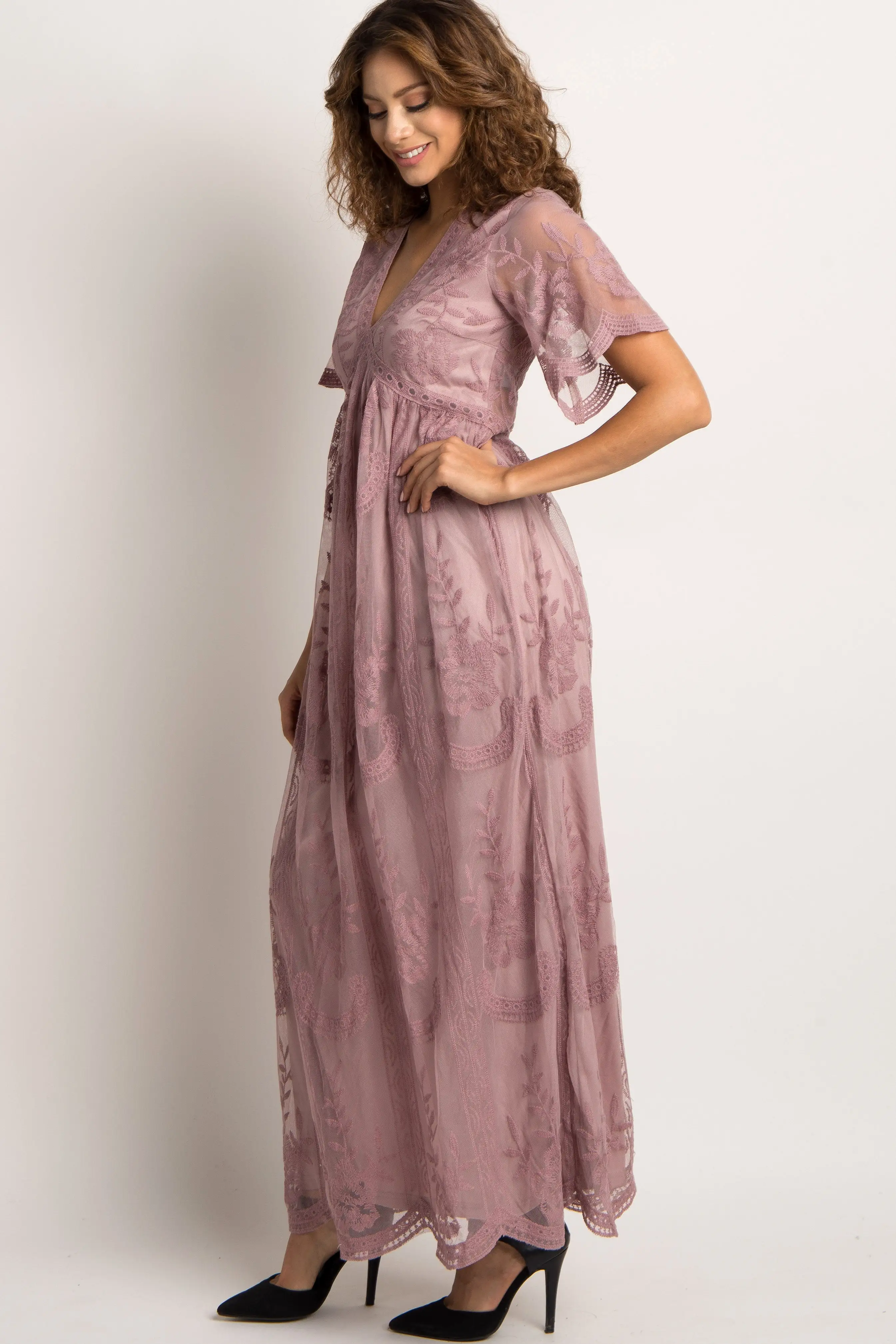 PinkBlush Mauve Lace Mesh Overlay Maxi Dress