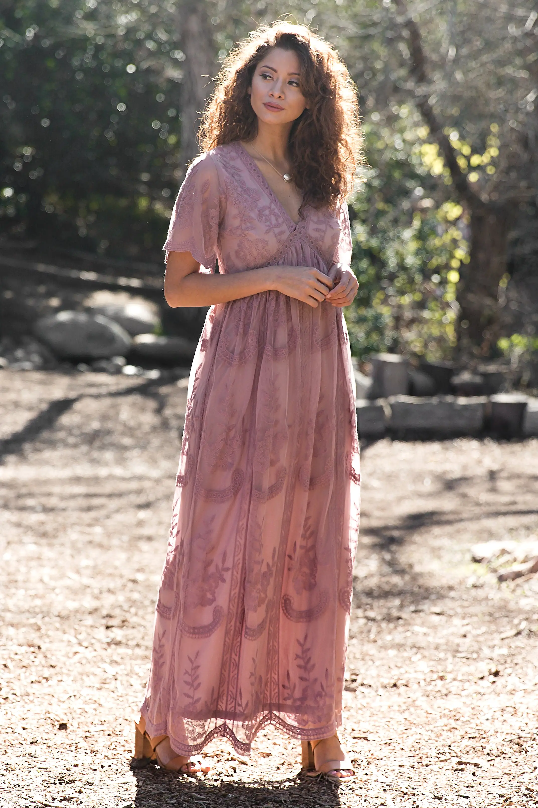 PinkBlush Mauve Lace Mesh Overlay Maxi Dress