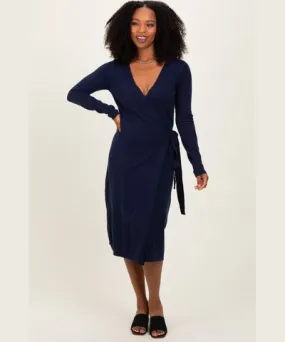 PinkBlush Navy Blue Knit Long Sleeve Wrap Midi Dress