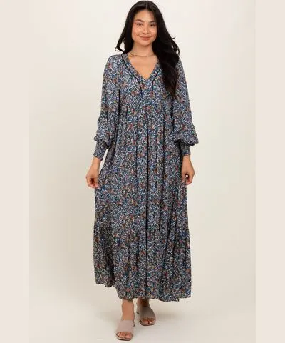 PinkBlush Navy Floral V-Neck Bubble Sleeve Maxi Dress