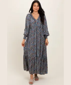 PinkBlush Navy Floral V-Neck Bubble Sleeve Maxi Dress