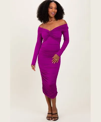 PinkBlush Purple Off Shoulder Ruched Long Sleeve Midi Dress