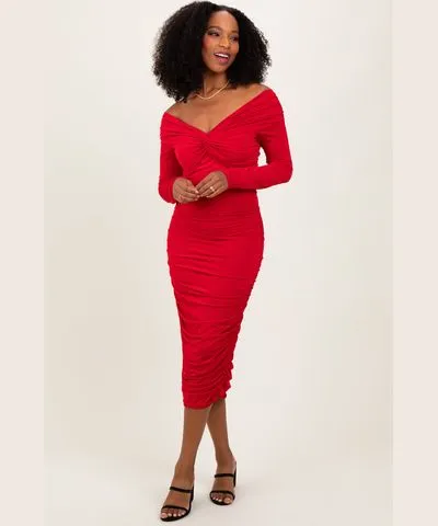 PinkBlush Red Off Shoulder Ruched Long Sleeve Midi Dress