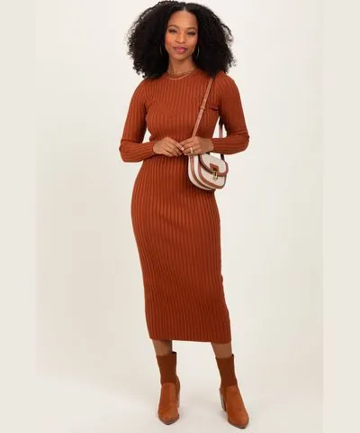 PinkBlush Rust Contrast Ribbed Knit Midi Dress