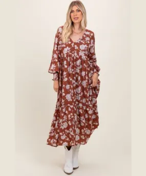 PinkBlush Rust Floral Textured Bubble Sleeve Maxi Dress