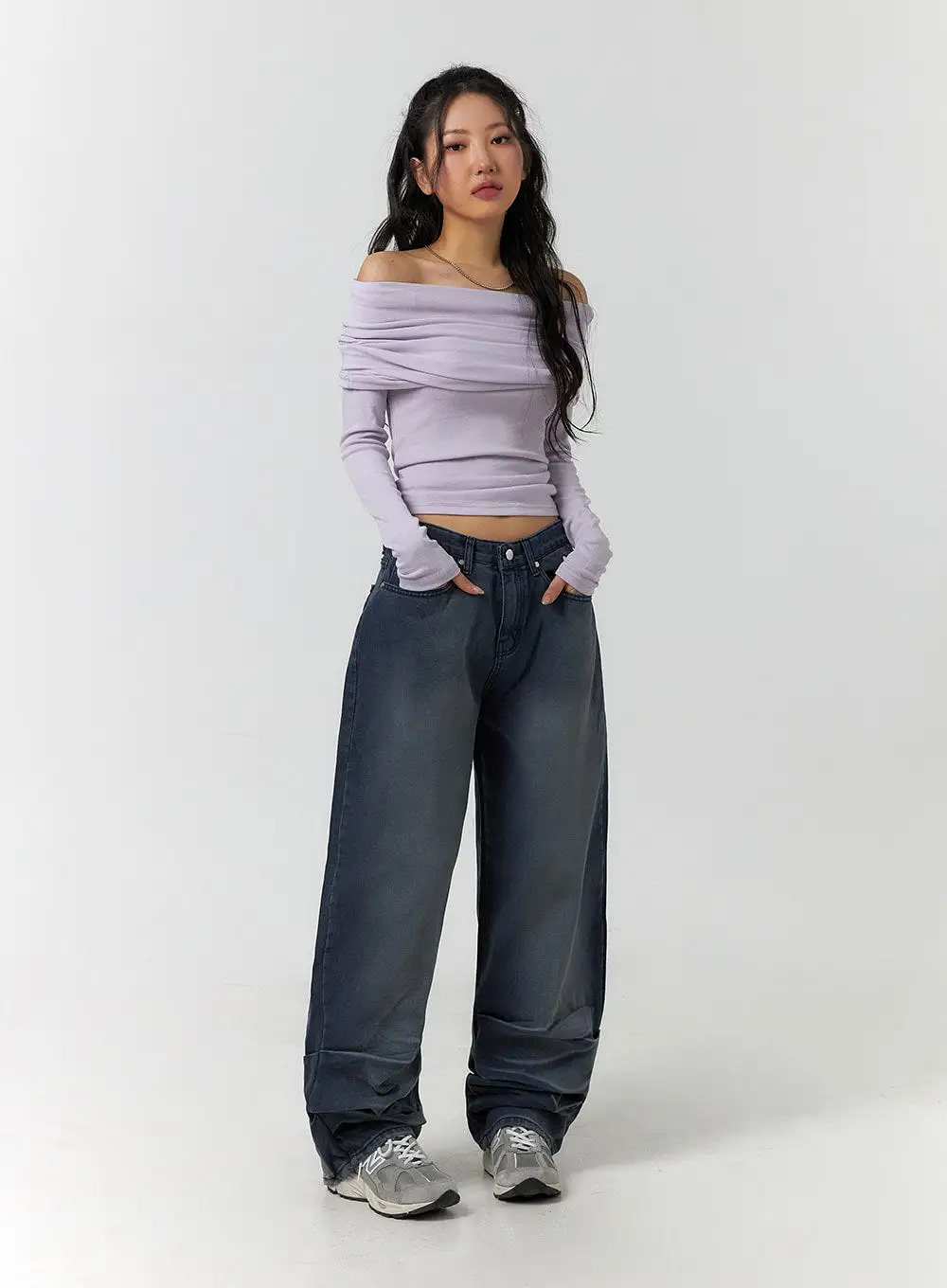 Pintuck Washed Wide Leg Jeans CF401