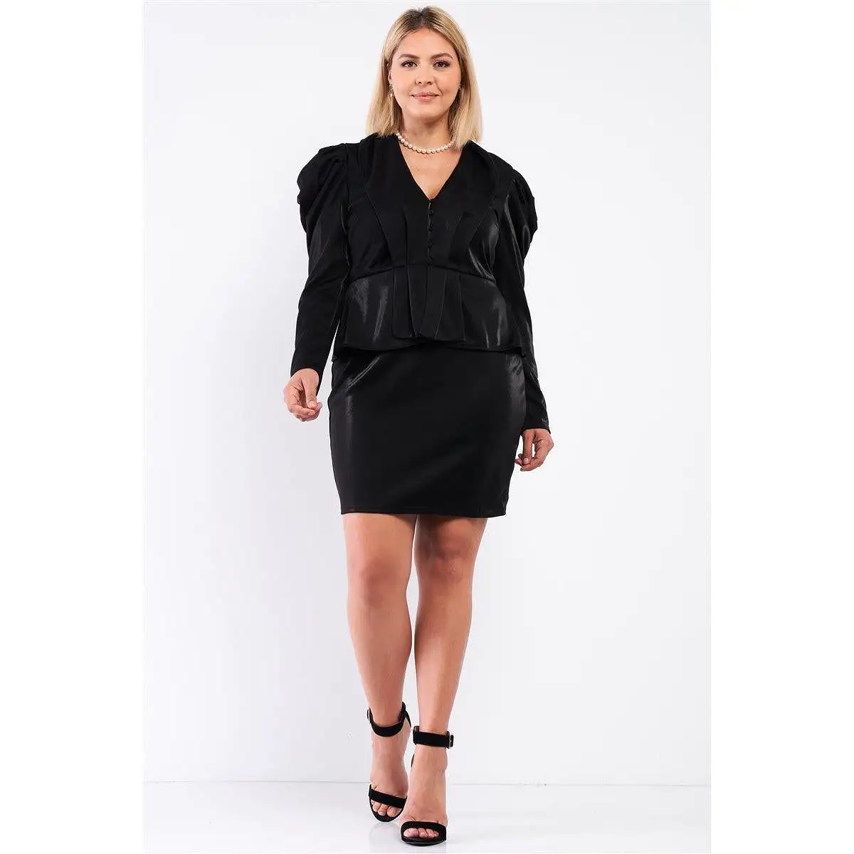 Plus Long Sleeve Victorian Steampunk Inspired V-neck Button Front Pleated Detail Mock Blazer Fitted Dress