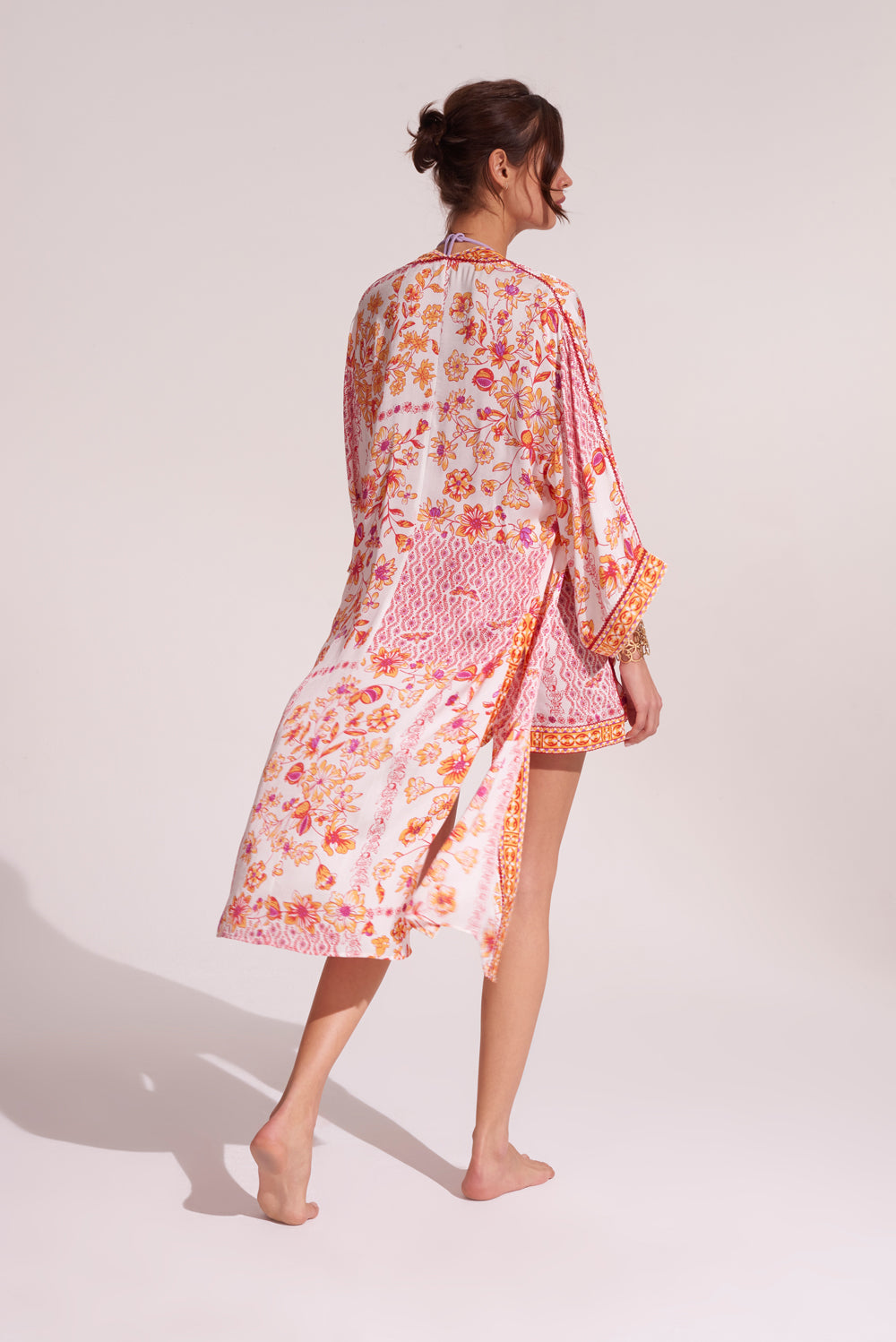 Poupette St Barth - Long Kimono Erica - White Orange Botanique