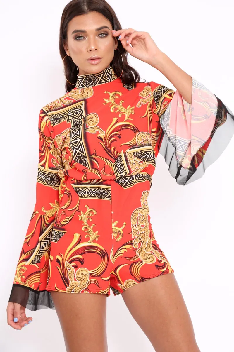 Red Scarf Print Open Back Playsuit - Cassia