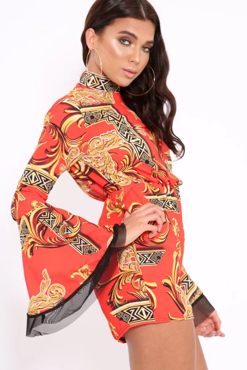 Red Scarf Print Open Back Playsuit - Cassia