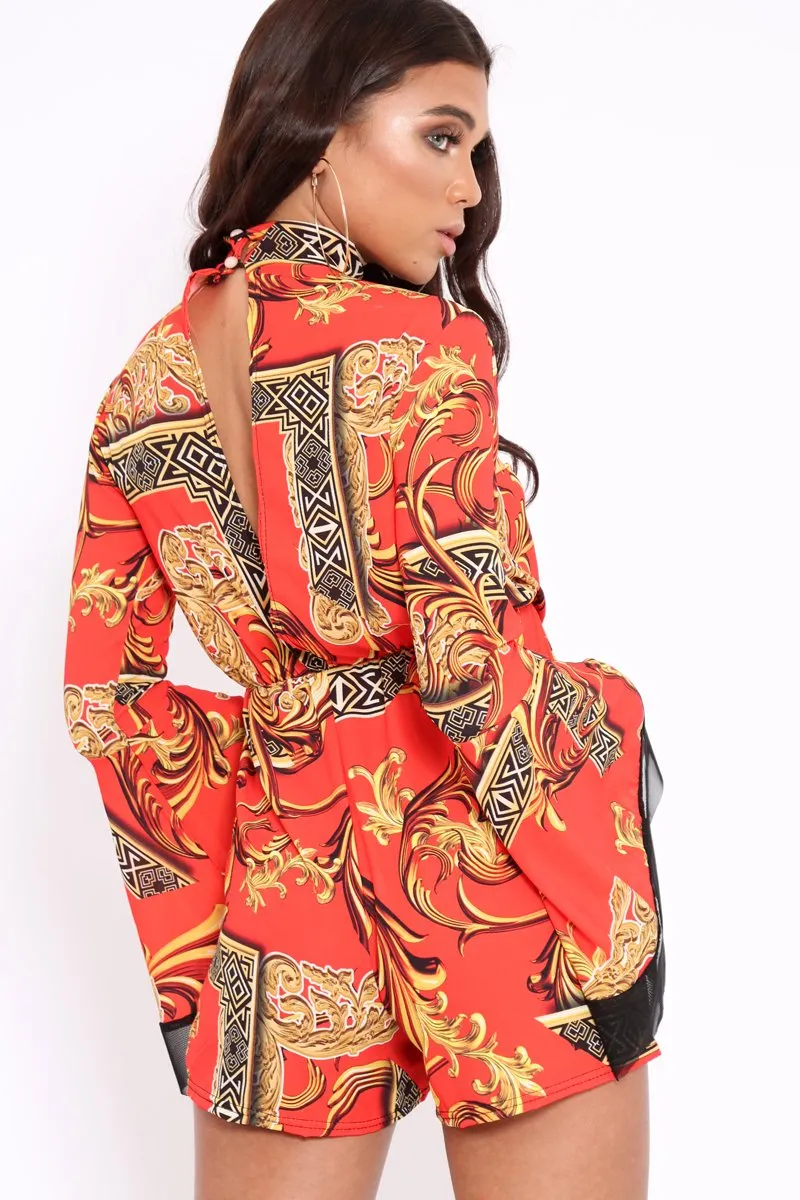 Red Scarf Print Open Back Playsuit - Cassia